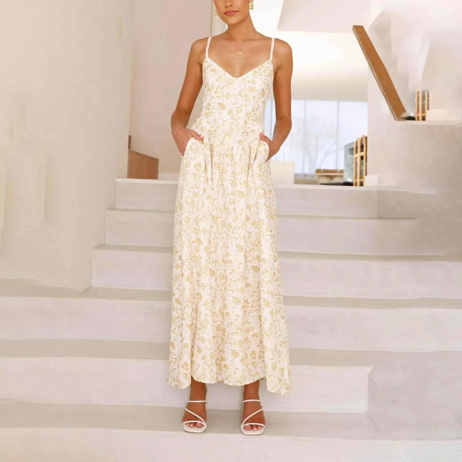 Womens Beach Dresses Bohemian Style Floral Midi Dress Sleeveless V-Neck Pleated A-Line Sling Dress Summer Sundress