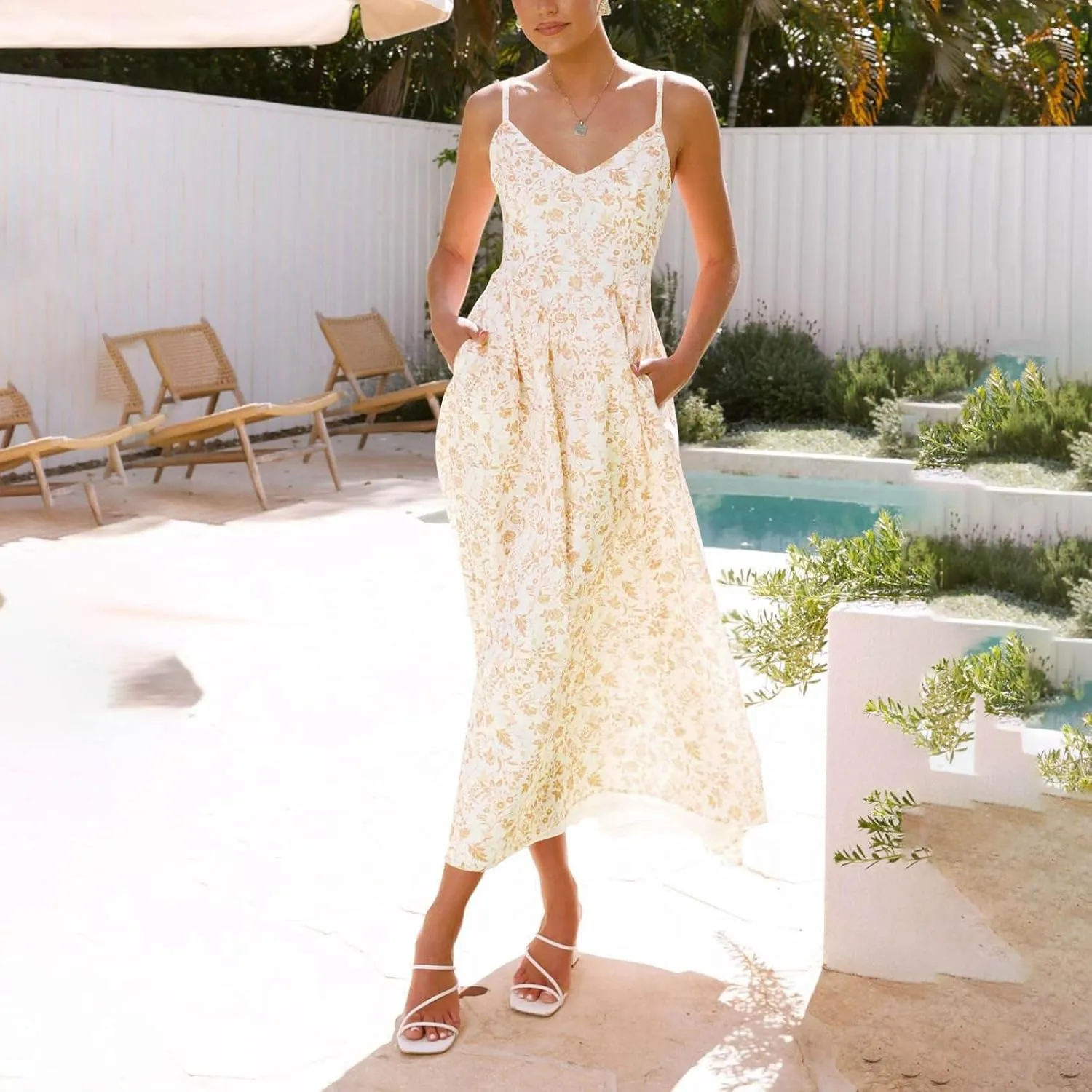 Womens Beach Dresses Bohemian Style Floral Midi Dress Sleeveless V-Neck Pleated A-Line Sling Dress Summer Sundress