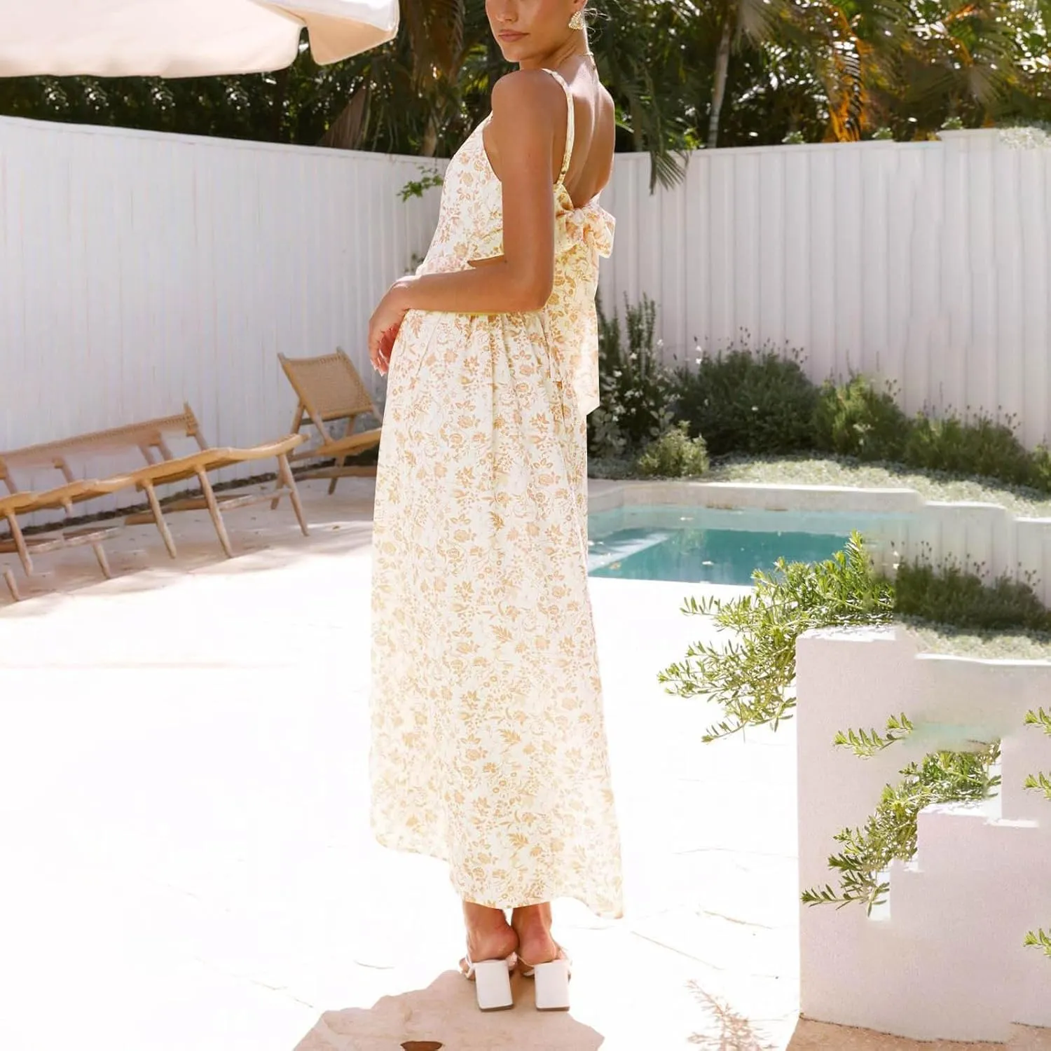 Womens Beach Dresses Bohemian Style Floral Midi Dress Sleeveless V-Neck Pleated A-Line Sling Dress Summer Sundress