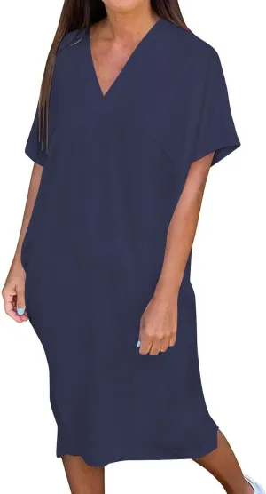 Women's Casual T Shirt V Neck Dress Summer Short Sleeve Dresses 2025 Basic Solid Midi Sundresses Beach Vacation Outfit