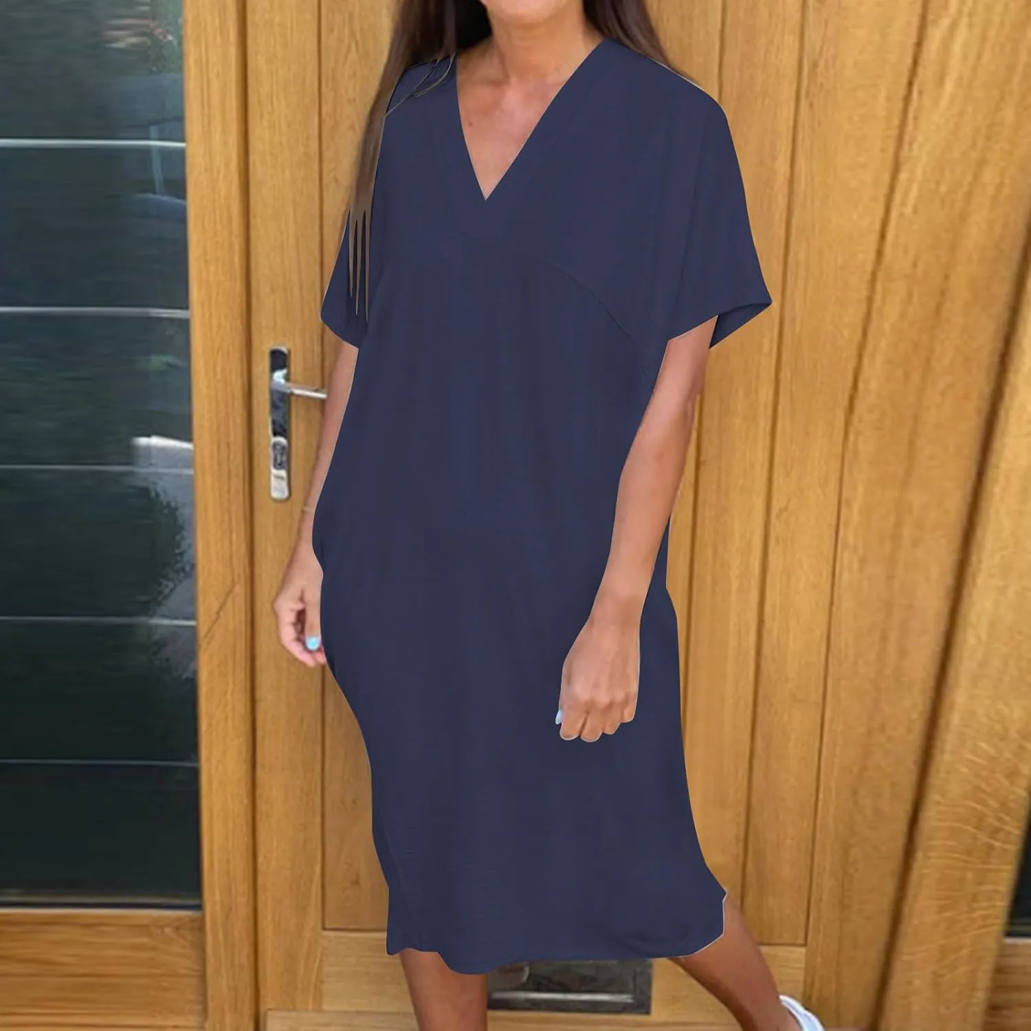 Women's Casual T Shirt V Neck Dress Summer Short Sleeve Dresses 2025 Basic Solid Midi Sundresses Beach Vacation Outfit