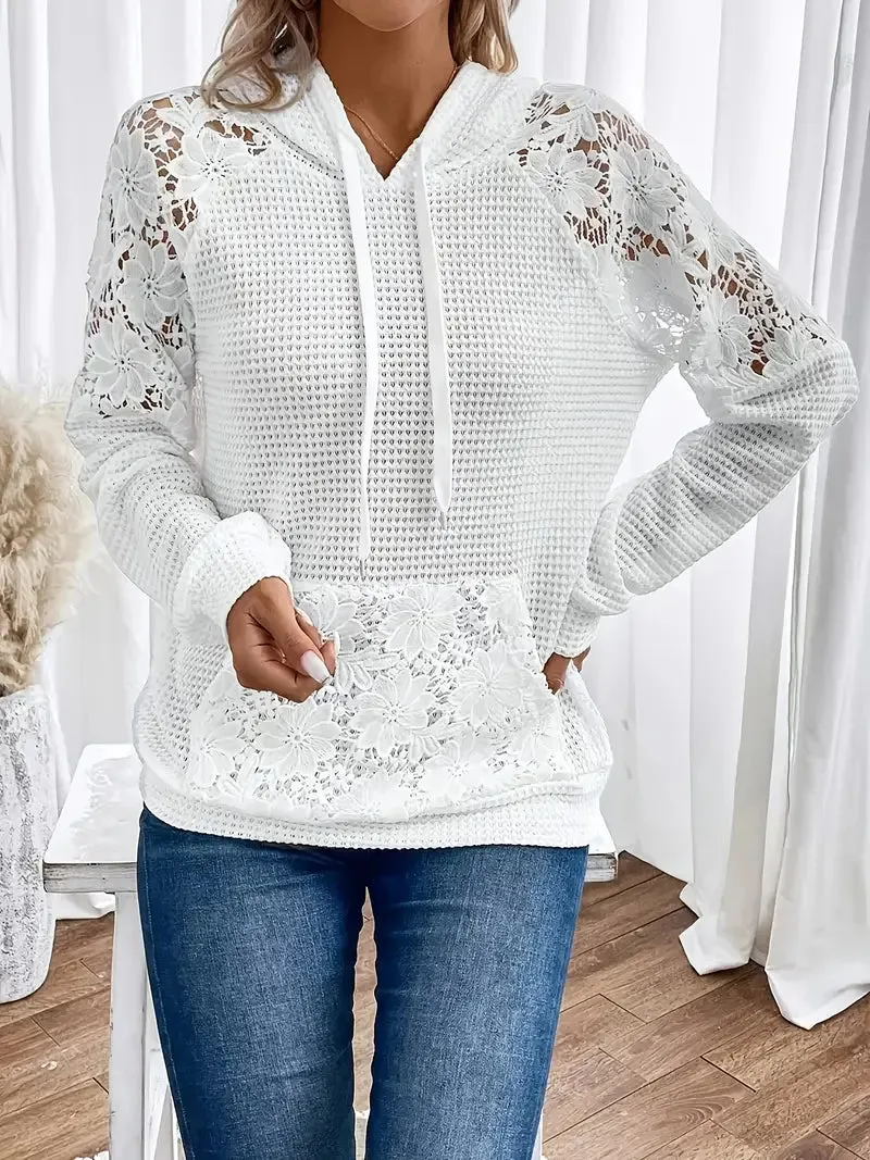 Women's Chic White Lace-Trimmed Hoodie – Casual Long Sleeve, Raglan Shoulders, Waffle Knit, Machine Washable