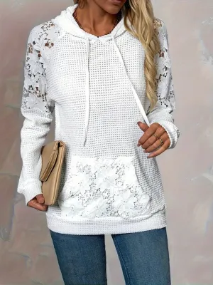 Women's Chic White Lace-Trimmed Hoodie – Casual Long Sleeve, Raglan Shoulders, Waffle Knit, Machine Washable