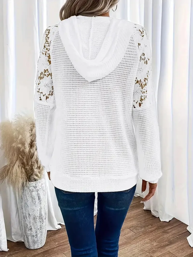 Women's Chic White Lace-Trimmed Hoodie – Casual Long Sleeve, Raglan Shoulders, Waffle Knit, Machine Washable
