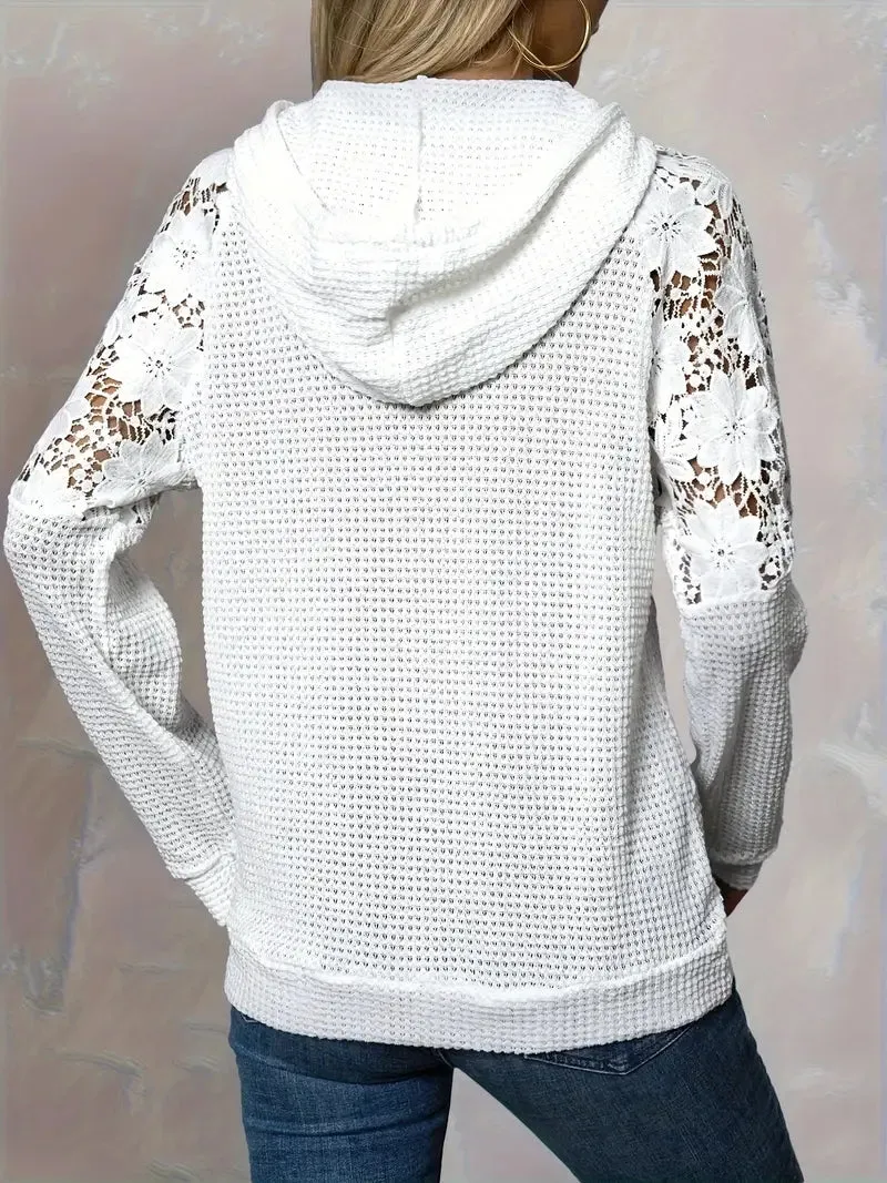 Women's Chic White Lace-Trimmed Hoodie – Casual Long Sleeve, Raglan Shoulders, Waffle Knit, Machine Washable
