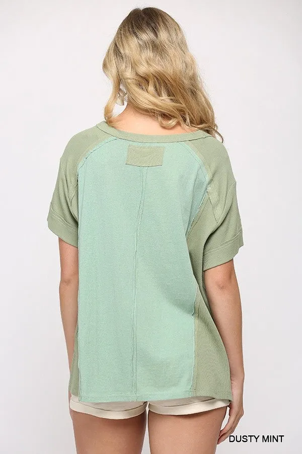 Women's Ribbed And Solid Mixed Raw Edge Top