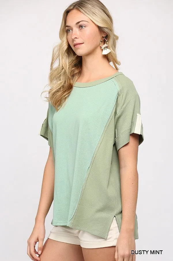 Women's Ribbed And Solid Mixed Raw Edge Top
