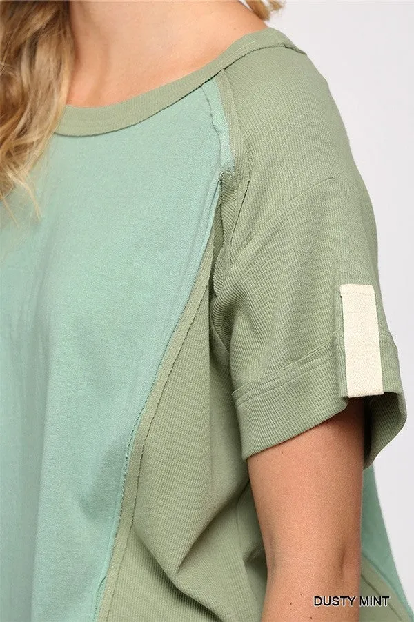 Women's Ribbed And Solid Mixed Raw Edge Top