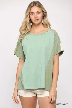 Women's Ribbed And Solid Mixed Raw Edge Top
