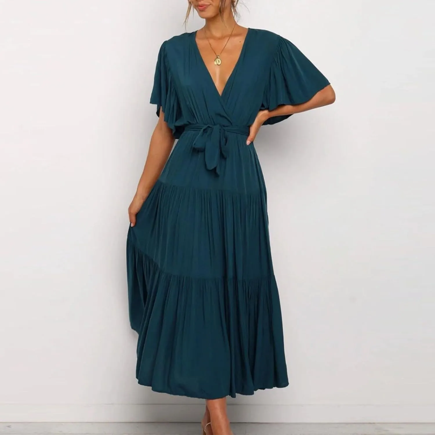 Women's Spring Dresses Summer 2025 Casual Loose Trendy Short Sleeve V-Neck Solid Color Flowy Maxi Dress, S-XL