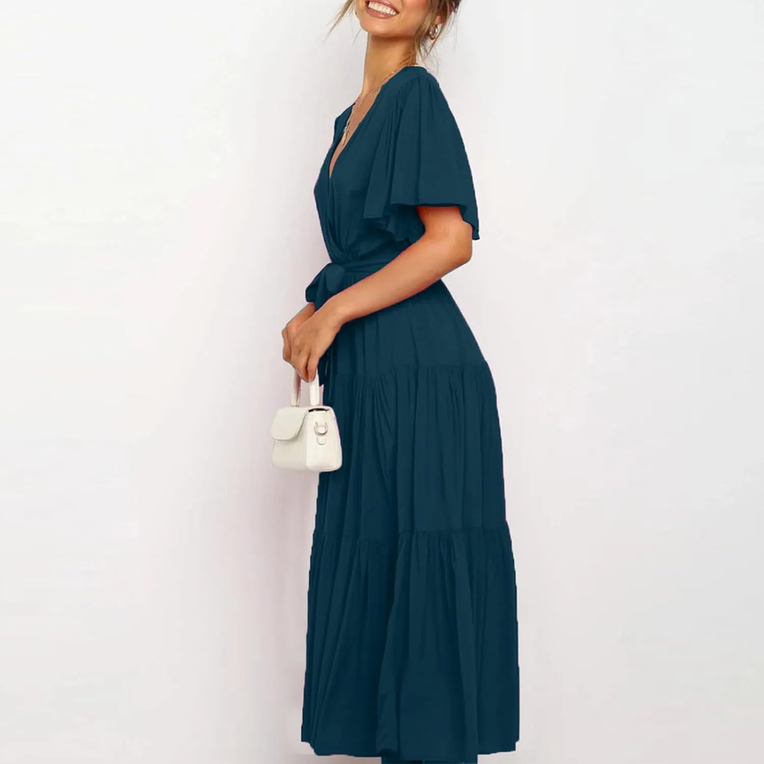 Women's Spring Dresses Summer 2025 Casual Loose Trendy Short Sleeve V-Neck Solid Color Flowy Maxi Dress, S-XL