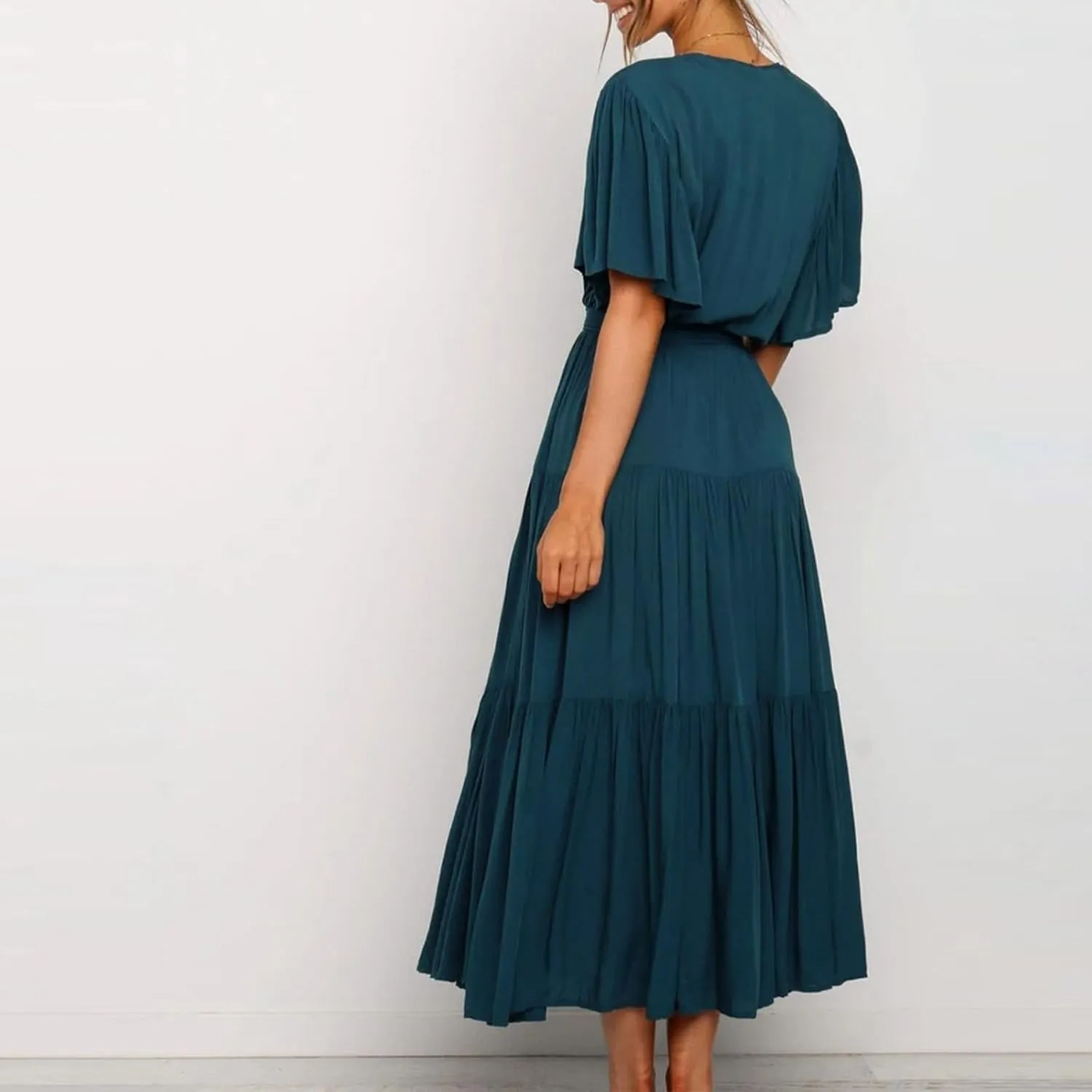 Women's Spring Dresses Summer 2025 Casual Loose Trendy Short Sleeve V-Neck Solid Color Flowy Maxi Dress, S-XL
