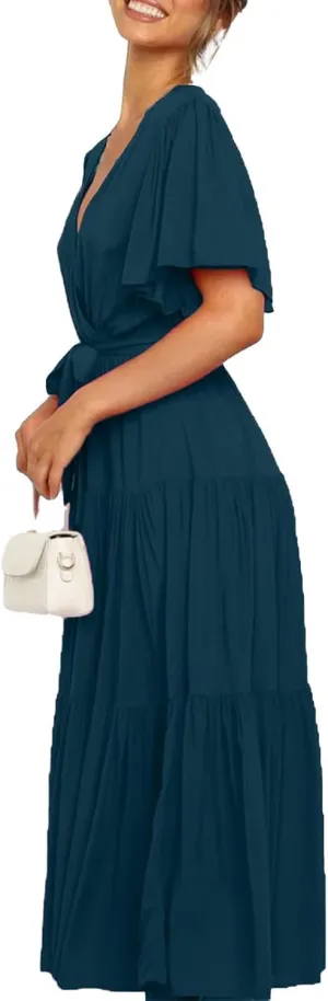 Women's Spring Dresses Summer 2025 Casual Loose Trendy Short Sleeve V-Neck Solid Color Flowy Maxi Dress, S-XL