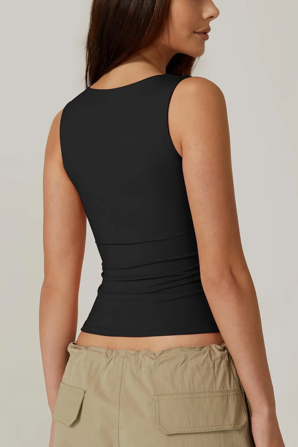 Women'S Square Neck Sleeveless Double-Layer Tank Tops Basic Tight T Shirts