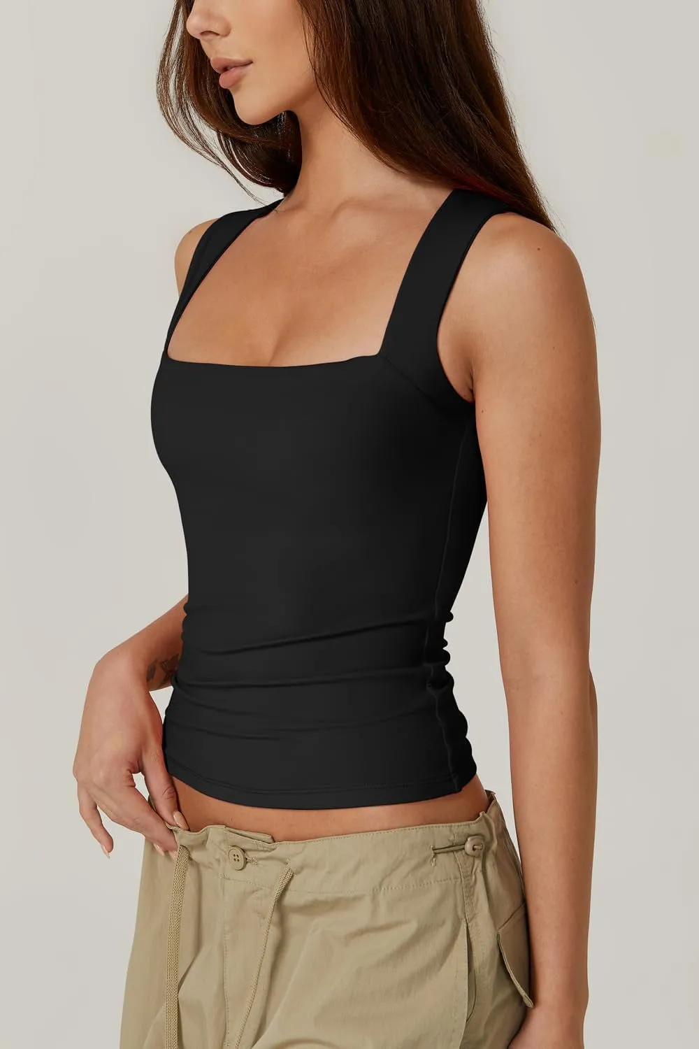 Women'S Square Neck Sleeveless Double-Layer Tank Tops Basic Tight T Shirts