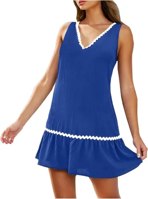 Women's Summer Vacation Sundresses Fashion V Neck Sleeveless Mini Dress Cute Ruffle Trim Boho Beach Dress
